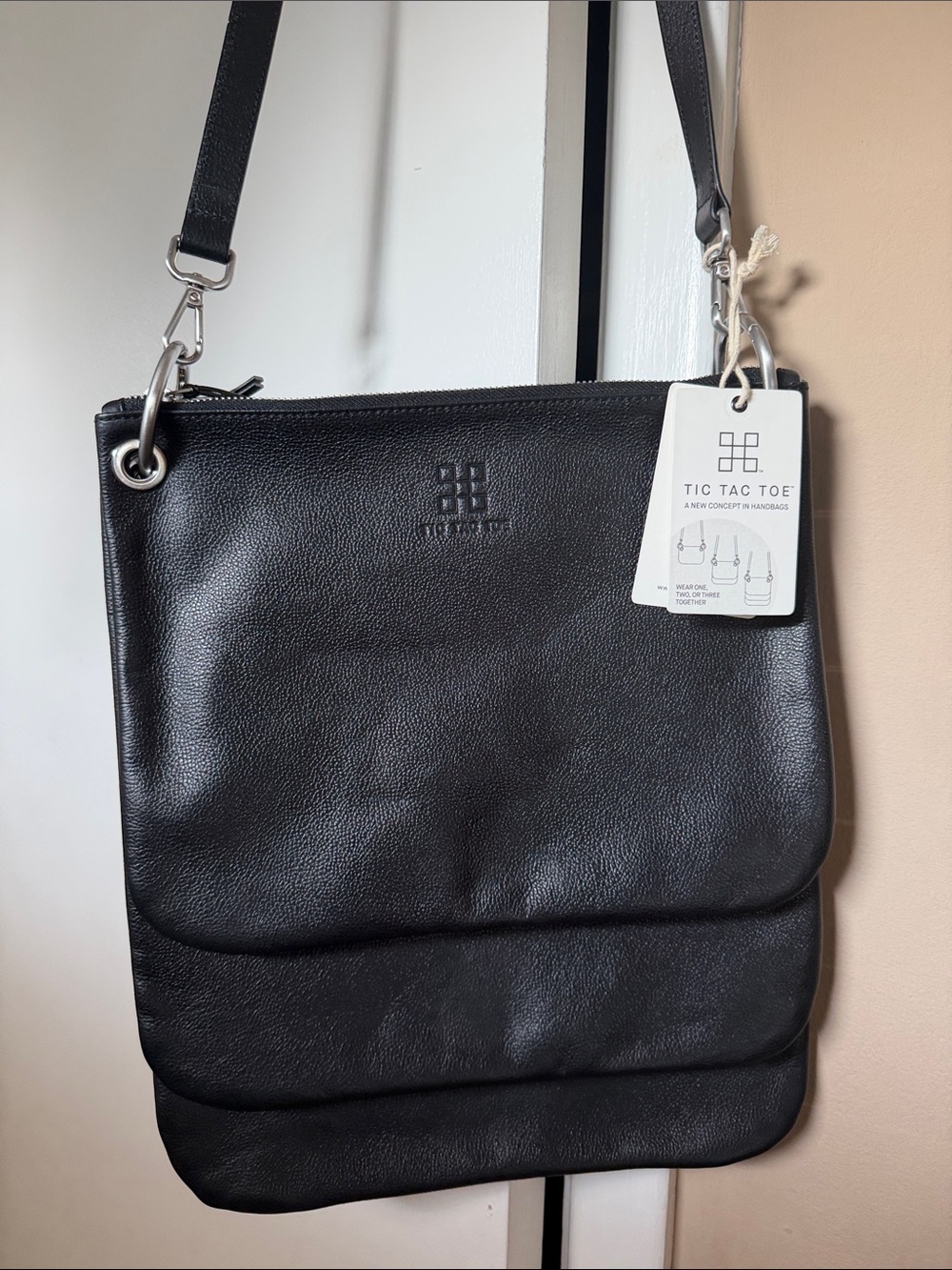 Tic Tac Toe Black Leather Messenger Bag for Women